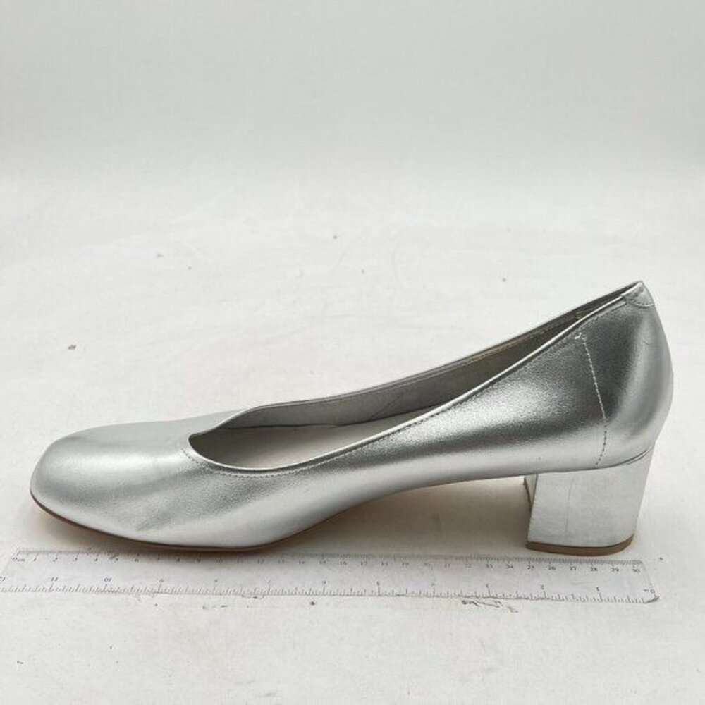 FSJ Silver Closed Round Toe Pumps Chunky Mid Heel Slip On Shoes